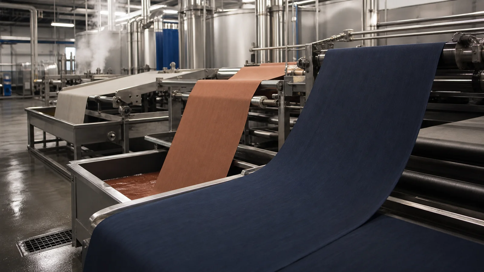 Dyed fabric moving through textile finishing machinery