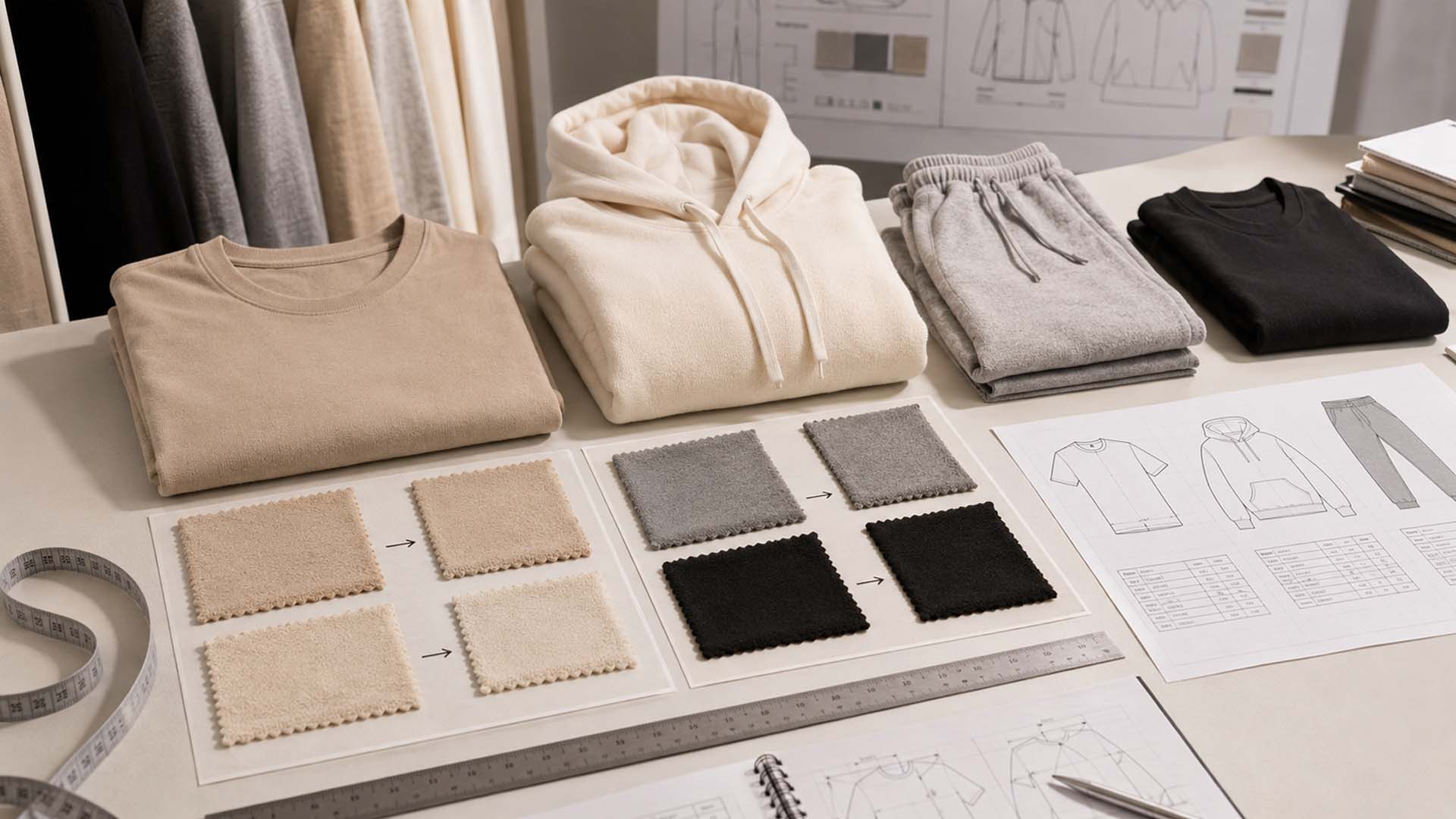 Fabric shrinkage testing in clothing production with garment measurements and fabric samples