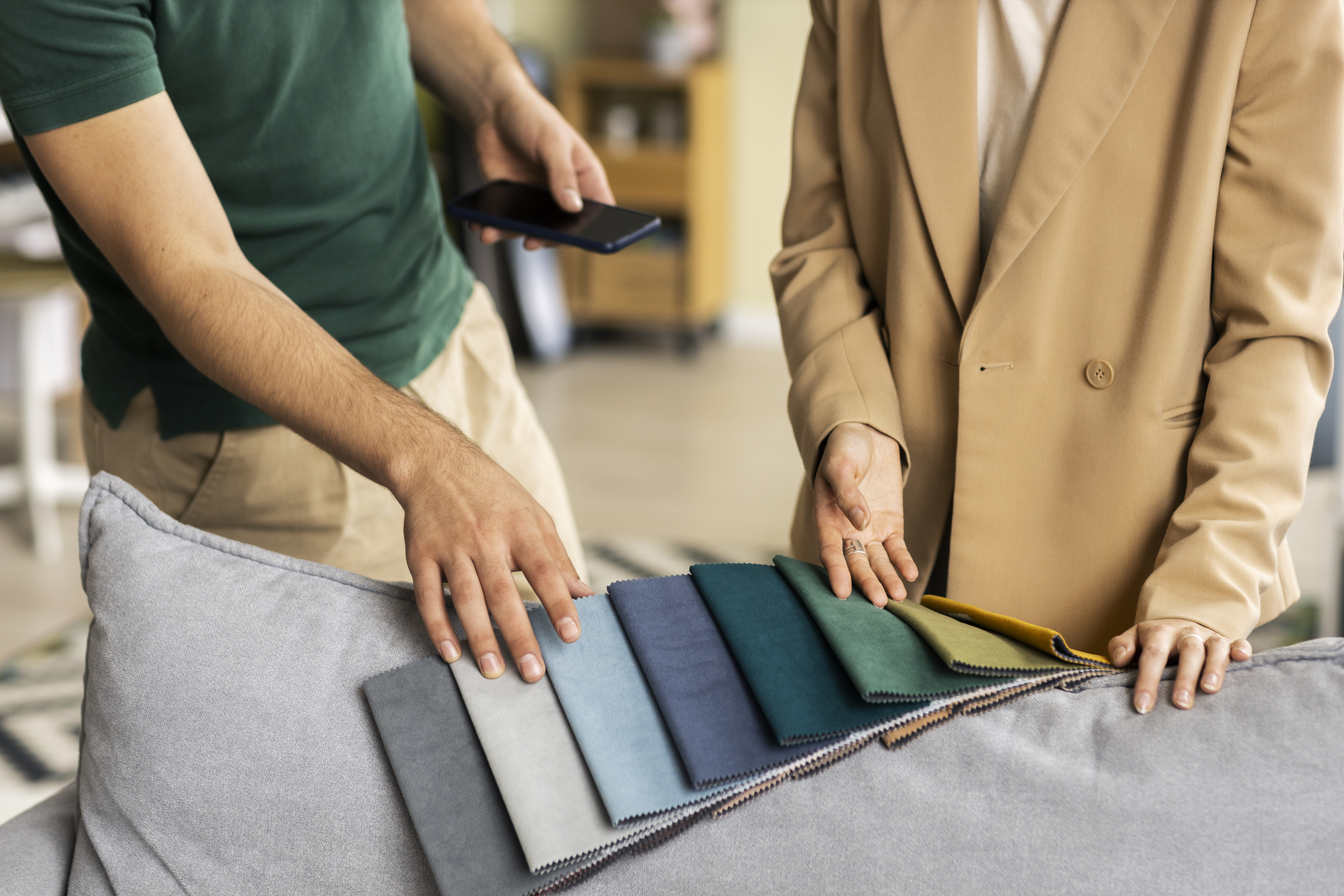 Fabric sourcing in Istanbul with textile rolls and material selection