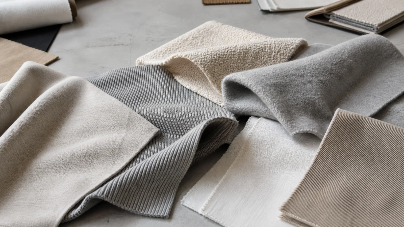 Fabric swatches showing different knit and woven textile constructions
