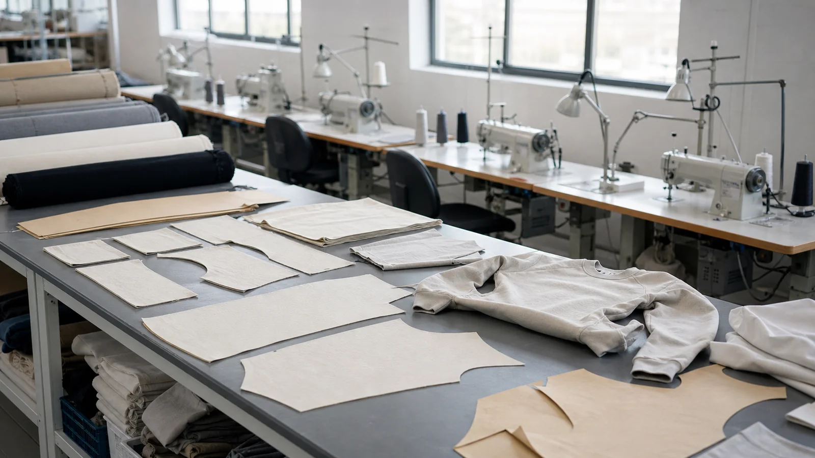 Garment cutting table and industrial sewing stations in an apparel workshop