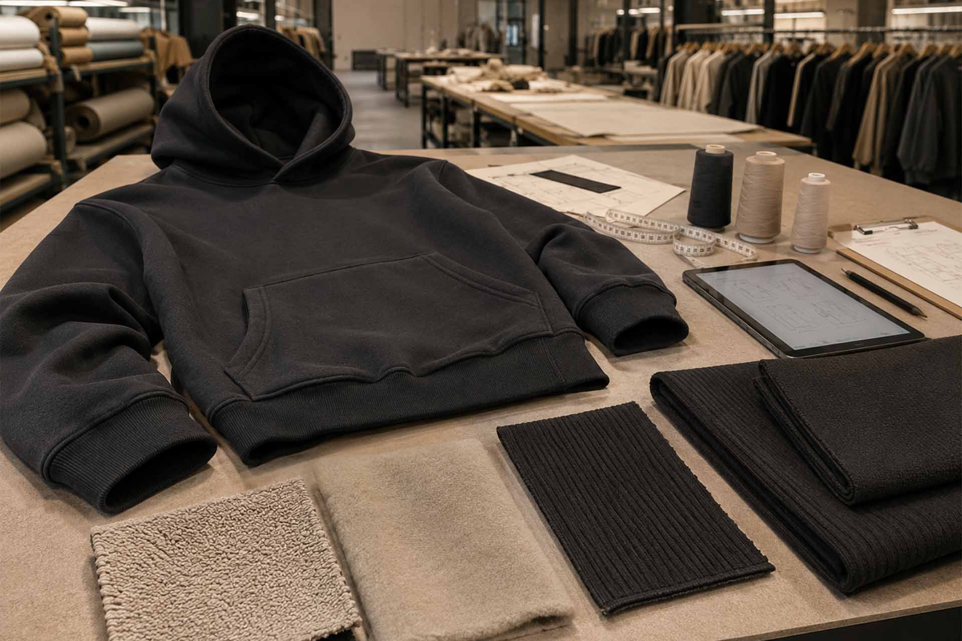 Heavyweight hoodie fabric swatches with French terry fleece rib and garment sample