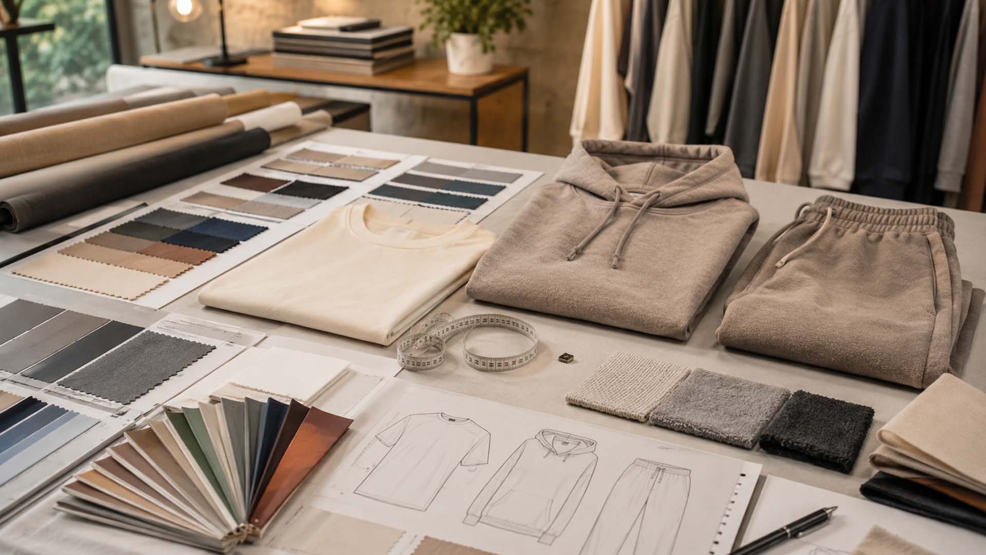 Fabric swatches and garment samples for choosing fabric for a clothing brand