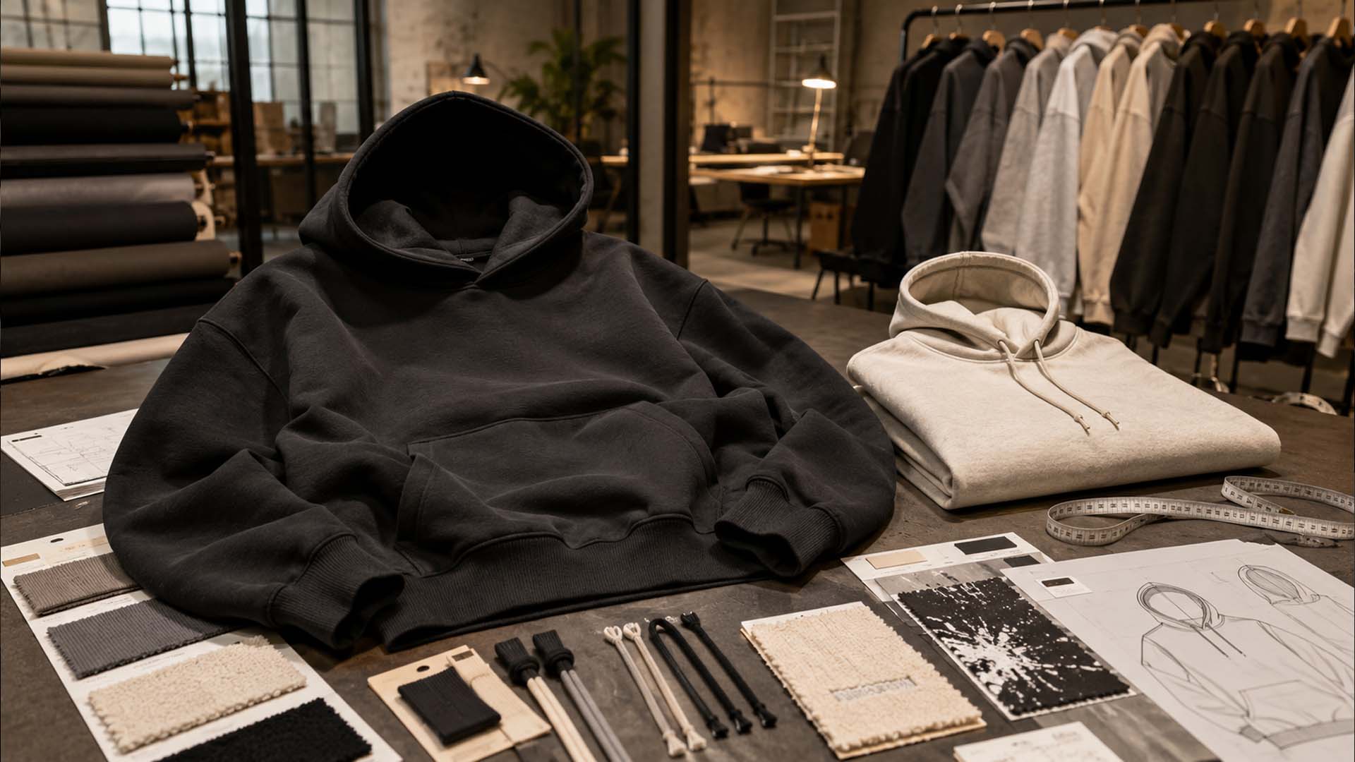 Premium hoodie manufacturing workspace with fleece, tech pack, rib samples and embroidery tests