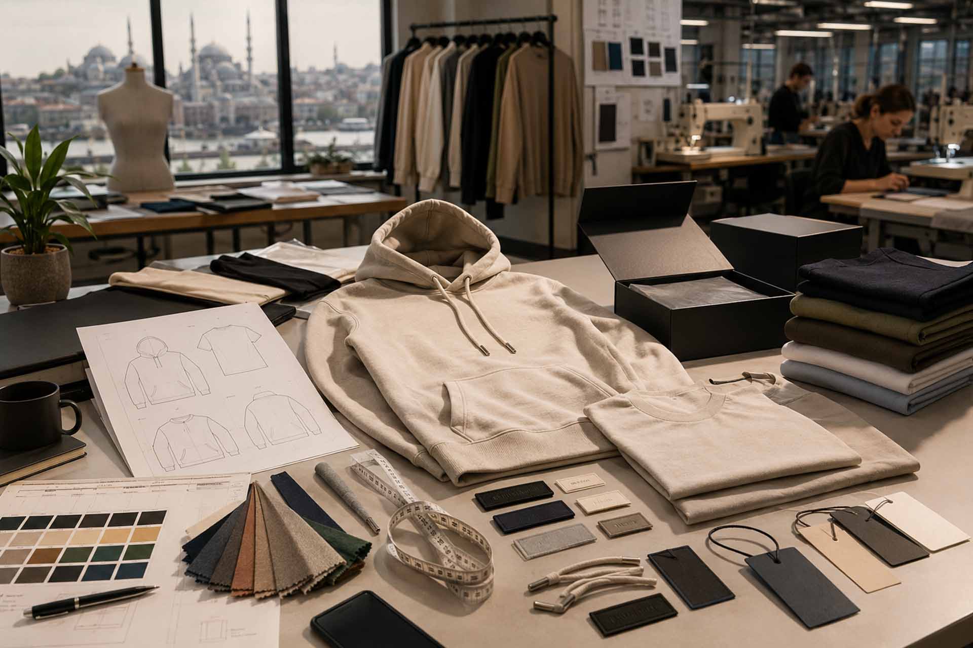 Private label clothing brand development table with garments, fabric swatches, labels and packaging