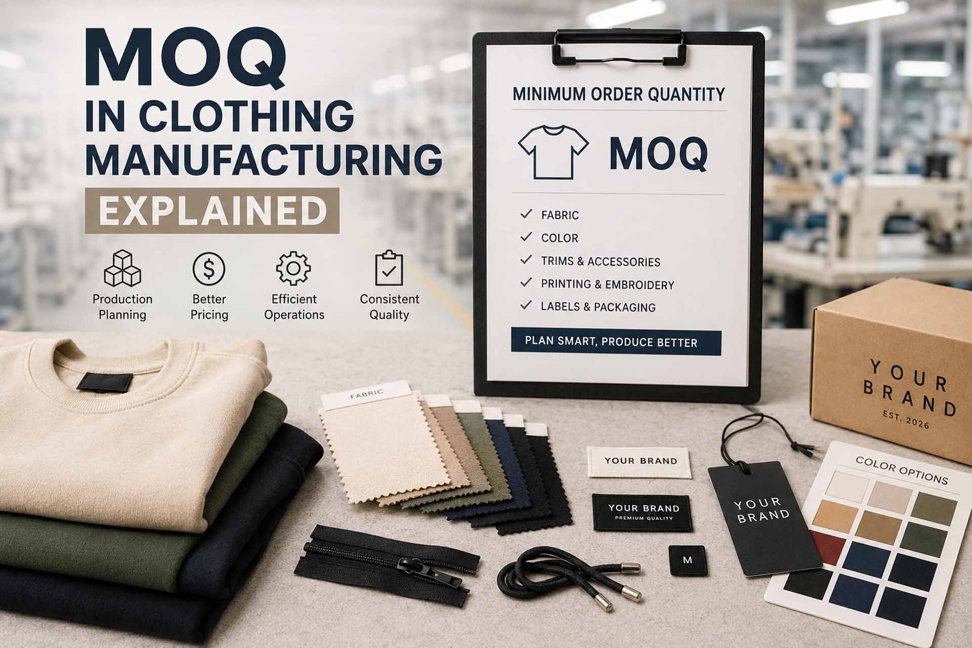 MOQ clothing manufacturing planning with garment samples fabric swatches trims and production documents