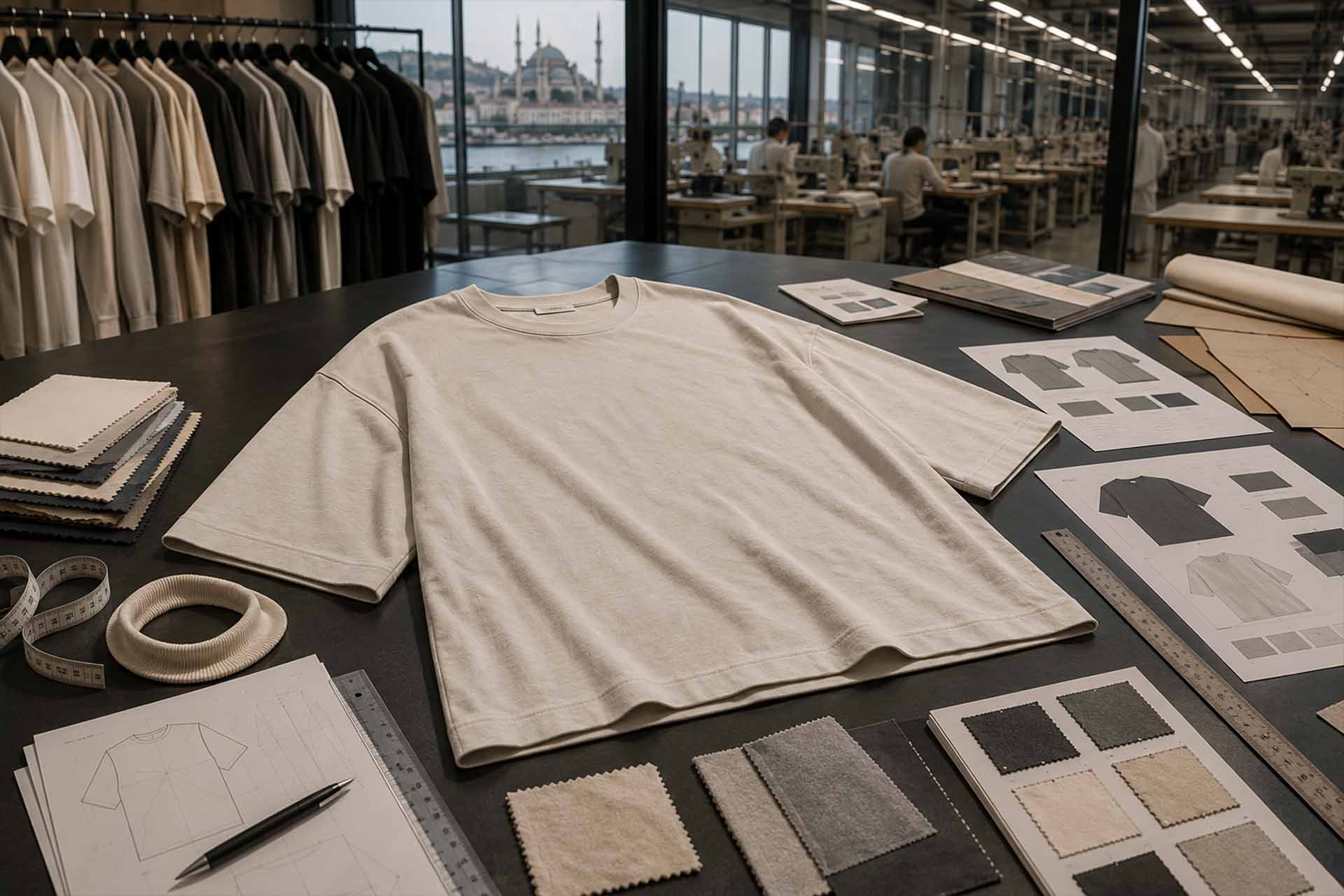 Oversized T-shirt manufacturing with fabric swatches pattern measurements neck rib and print placement planning