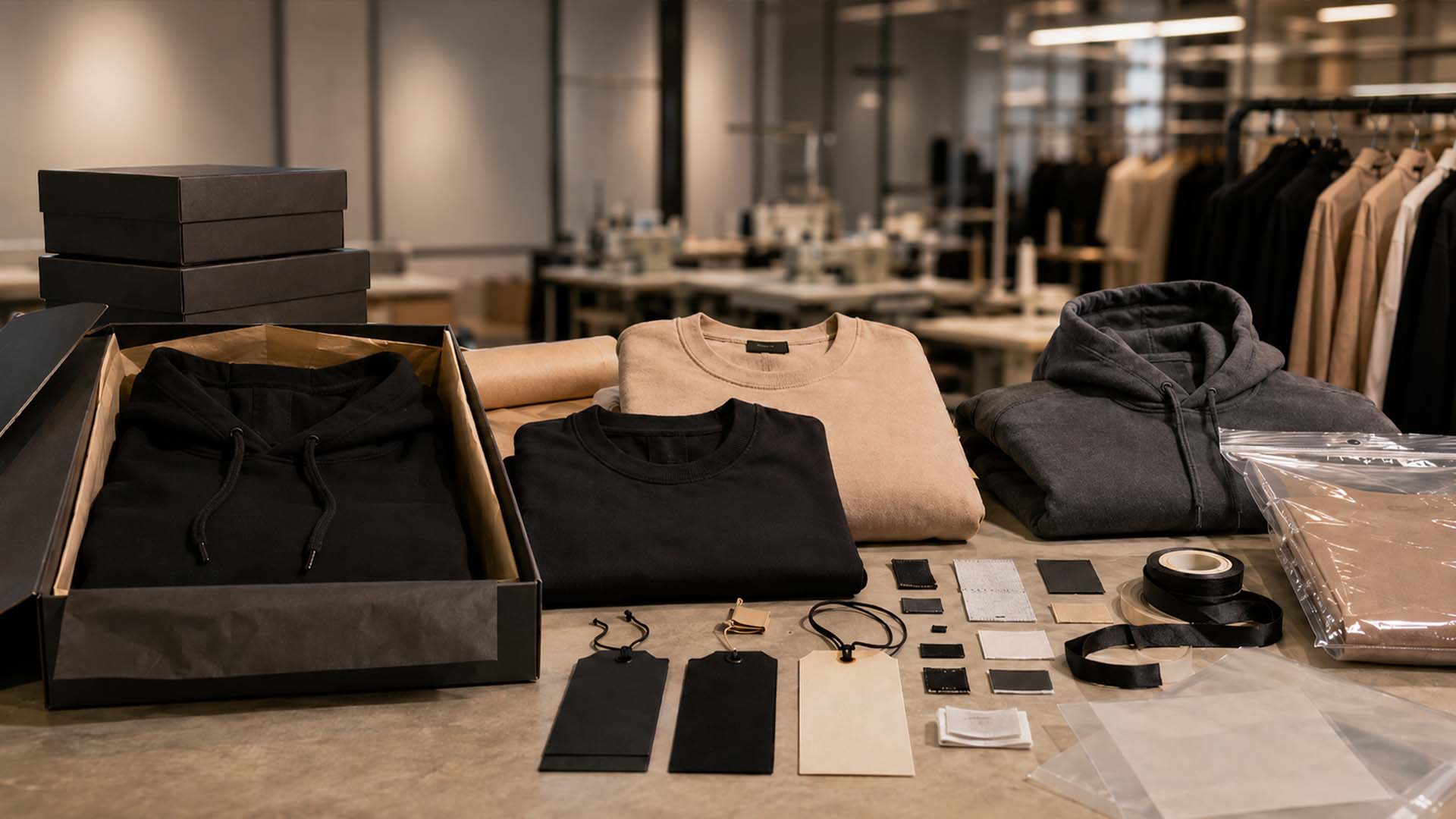 Private label clothing labels, hang tags, tissue paper, polybags, and premium packaging