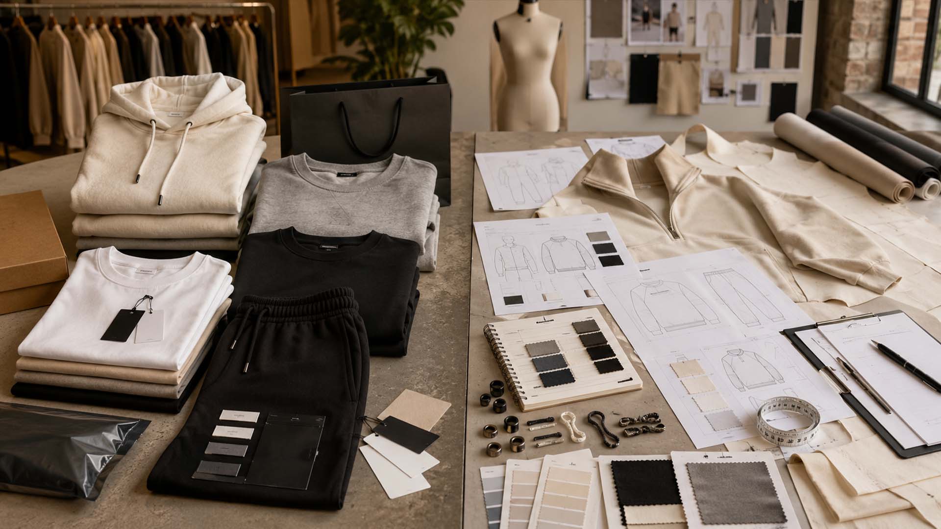 Private label clothing vs custom clothing production comparison with garments and fabric samples