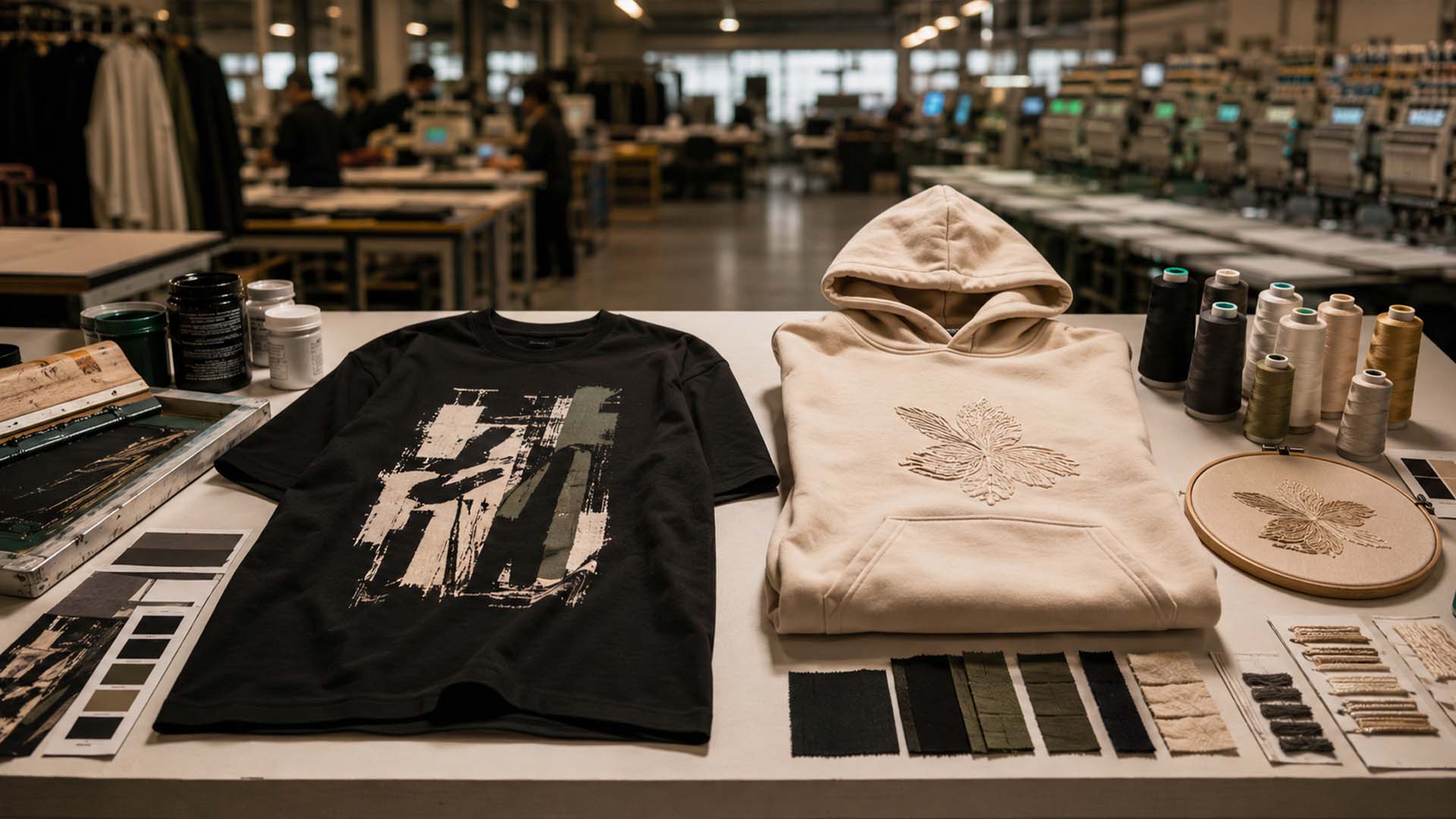 Screen printing and embroidery samples for premium streetwear production