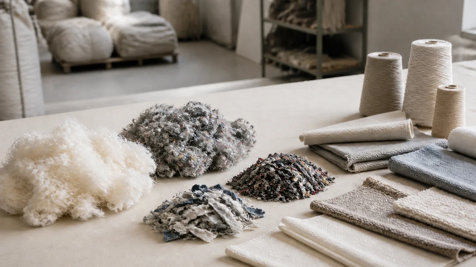 Natural and recycled textile fibers arranged with yarn and fabric swatches