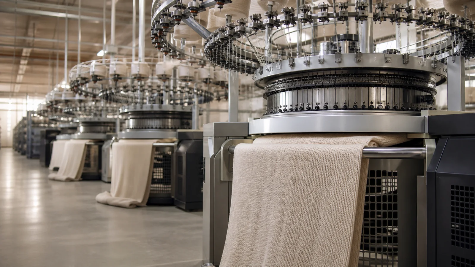 Circular knitting machines forming greige knitted fabric