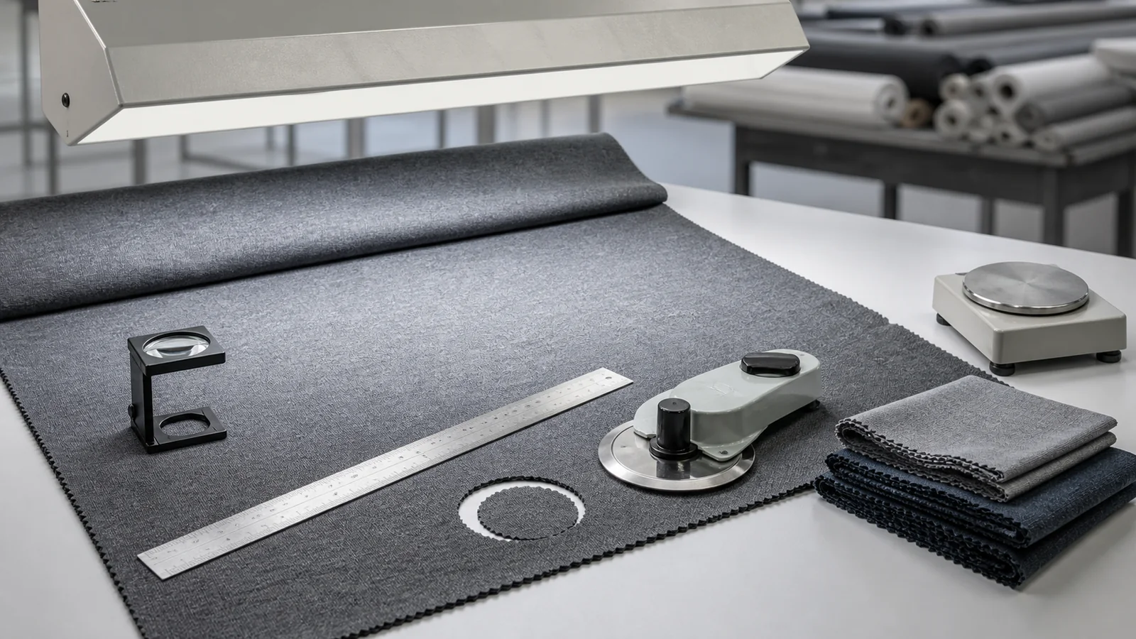 Fabric inspection table with textile measuring and testing tools