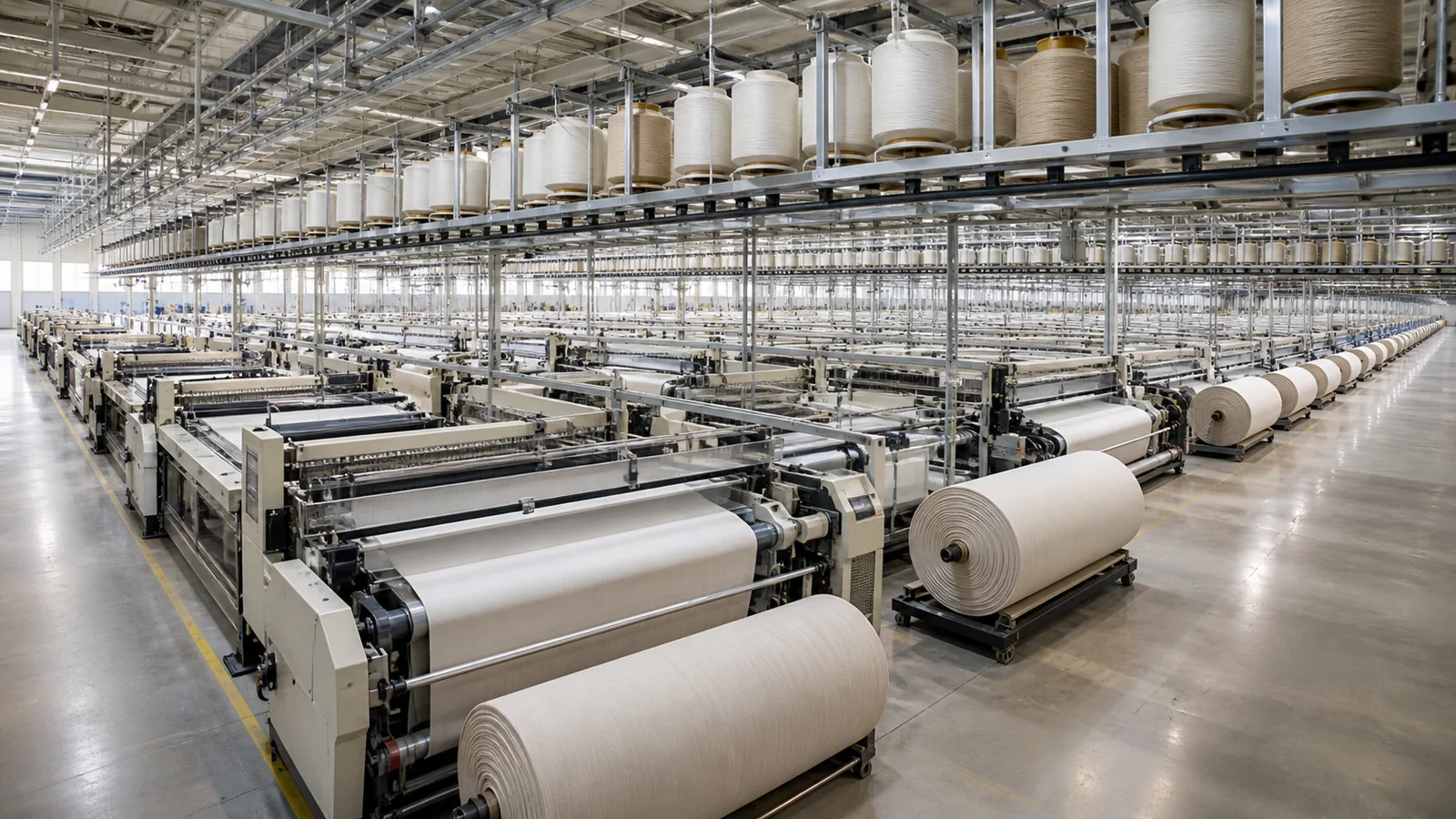 Large-scale textile production floor with yarn and fabric machinery