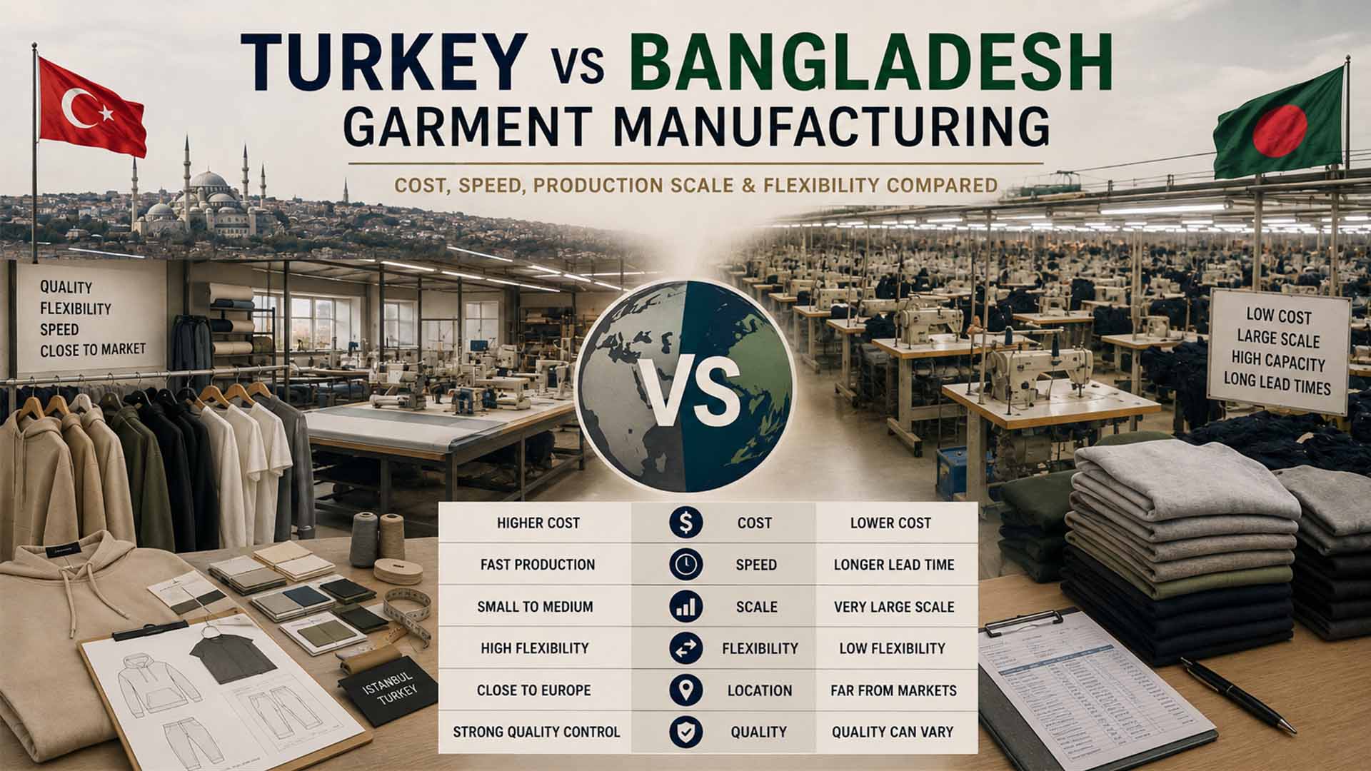 Turkey vs Bangladesh garment manufacturing comparison with apparel samples and sourcing documents