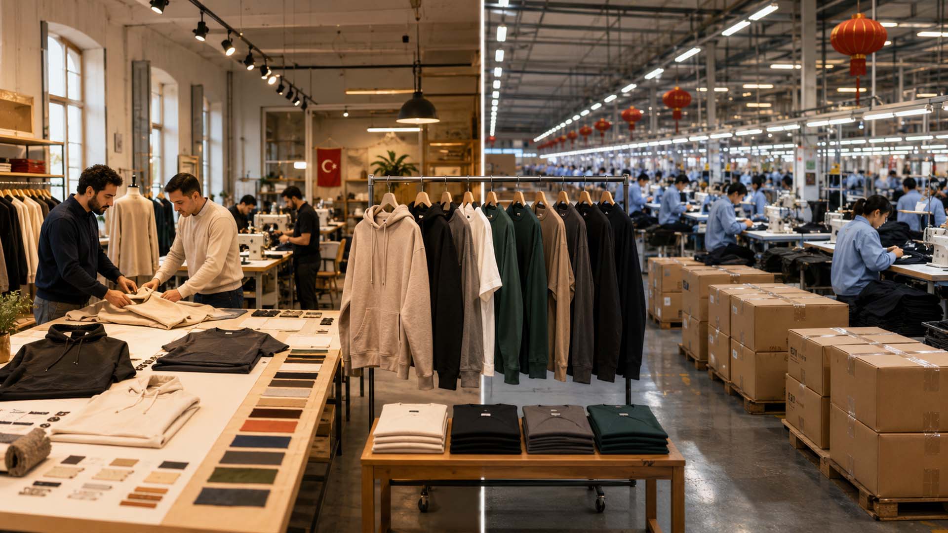 Turkey vs China clothing manufacturing comparison with garment samples fabric rolls and logistics planning