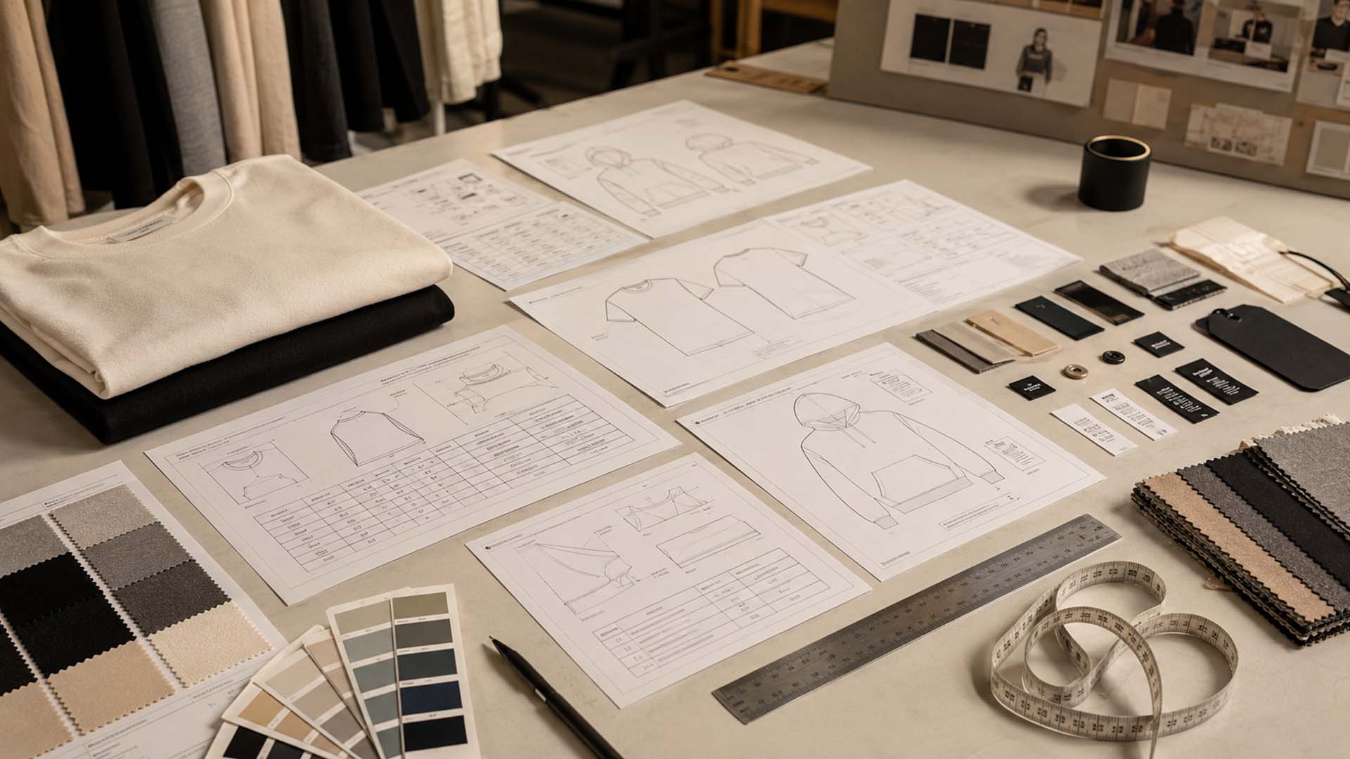 Tech pack in clothing production with garment sketches, fabric swatches, measurements, and sample details