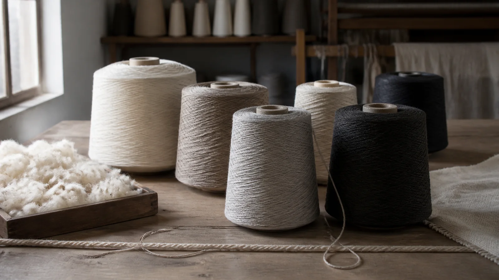 Yarn cones and loose cotton fibers in a textile development studio